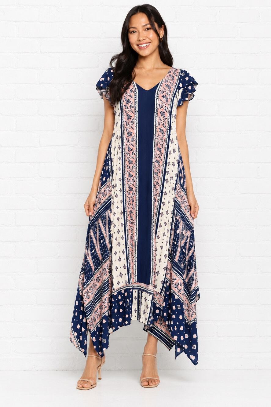 Maeve Anthropologie XS Blue Pink Boho Maxi Dress Flutter Sleeve Lined Flowy